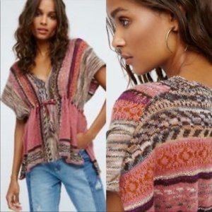 Free people Moonlit Path Patterned Tassel-tie Poncho Pullover Top